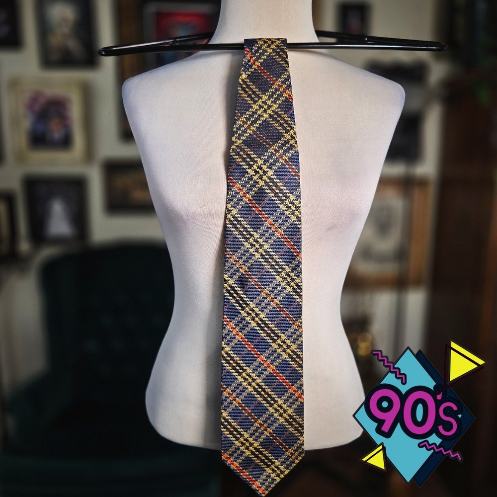 Structure Silk Tie Vintage 90s Geometric Plaid Blue Yellow Red Made in USA